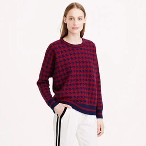 J CREW Sweater Womens Small Maroon Navy Houndstooth Pullover 100% Merino Wool